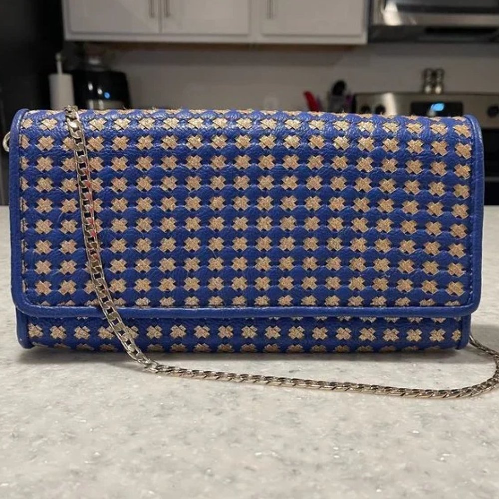 Urban Expressions Faux Leather Blue Gold Glitter Clutch Purse Bag Chain Strap